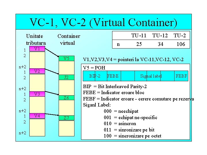 VC-1, VC-2 (Virtual Container) Unitate tributara 1 2 n+2 1 2 n V 1