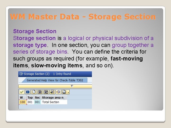 WM Master Data - Storage Section Storage section is a logical or physical subdivision