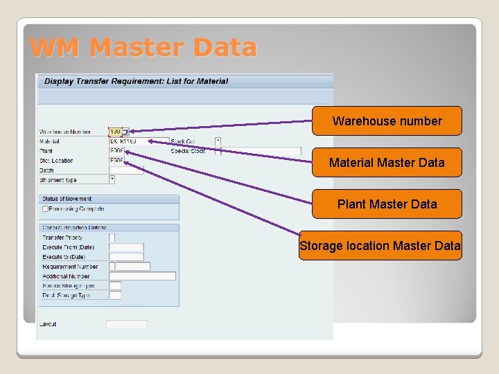 WM Master Data Warehouse number Material Master Data Plant Master Data Storage location Master