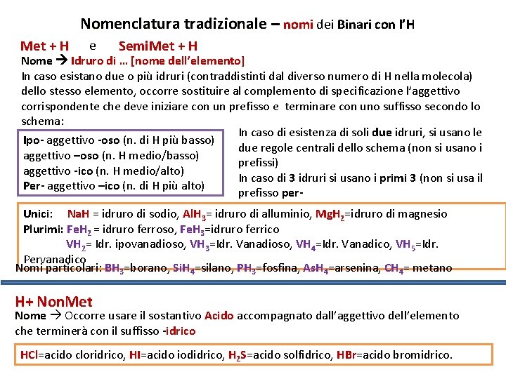 Nomenclatura tradizionale – nomi dei nomi Binari con l’H Met + H e Semi.