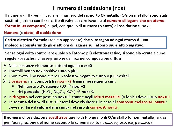Il numero di ossidazione (nox) Il numero di H (per gli idruri) e il