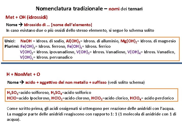 Nomenclatura tradizionale – nomi dei nomi ternari Met + OH (idrossidi) Nome Idrossido di