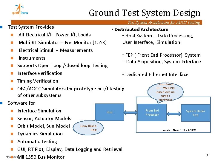 n n Ground Test System Design Test System Architecture for AOCS Testing Test System