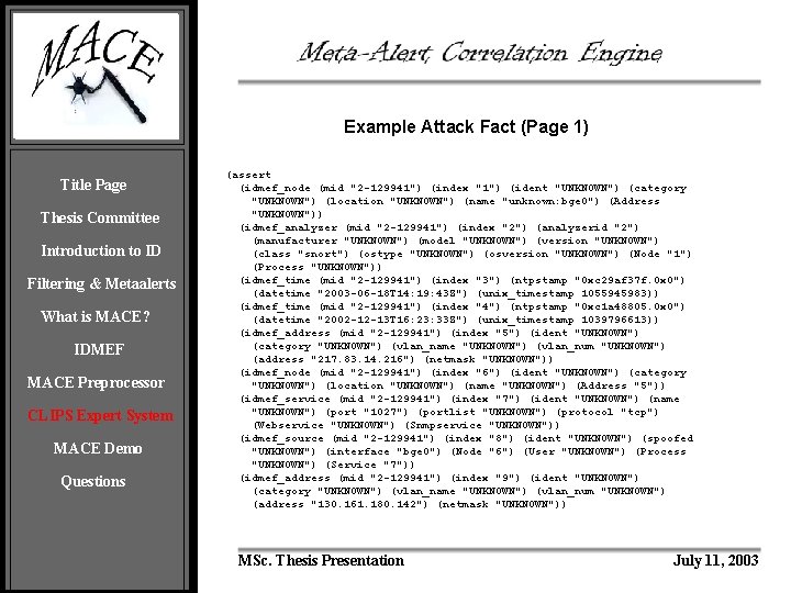 Example Attack Fact (Page 1) Title Page Thesis Committee Introduction to ID Filtering &