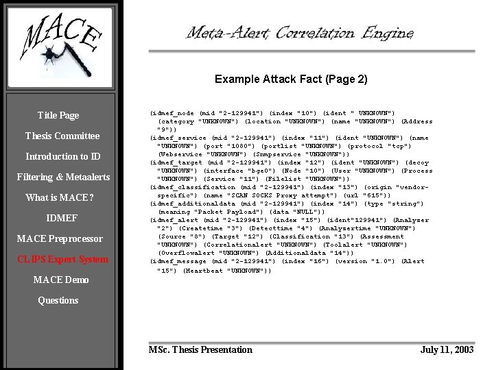 Example Attack Fact (Page 2) Title Page Thesis Committee Introduction to ID Filtering &