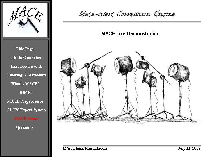 MACE Live Demonstration Title Page Thesis Committee Introduction to ID Filtering & Metaalerts What