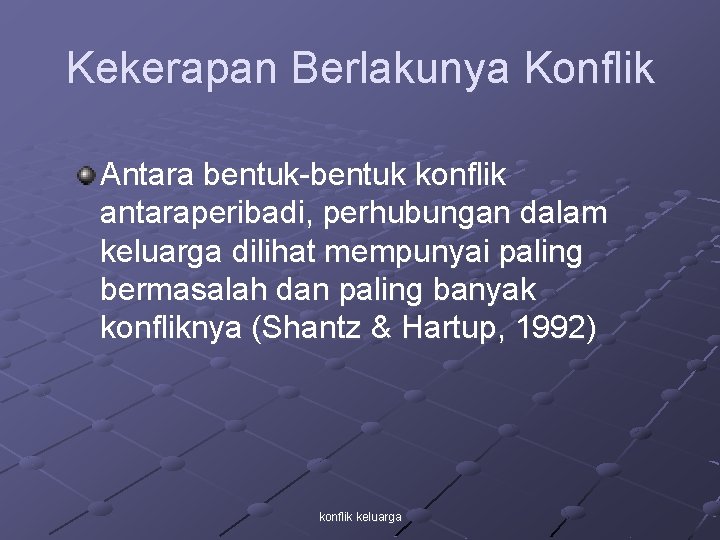 Kekerapan Berlakunya Konflik Antara bentuk-bentuk konflik antaraperibadi, perhubungan dalam keluarga dilihat mempunyai paling bermasalah