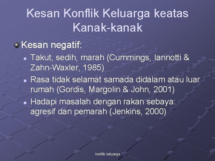 Kesan Konflik Keluarga keatas Kanak-kanak Kesan negatif: n n n Takut, sedih, marah (Cummings,