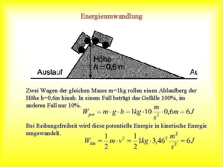 Energieumwandlung Zwei Wagen der gleichen Masse m=1 kg rollen einen Ablaufberg der Höhe h=0,