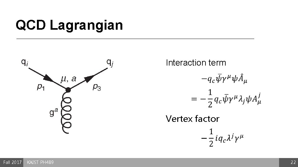 QCD Lagrangian Interaction term Vertex factor Fall 2017 KAIST PH 489 22 