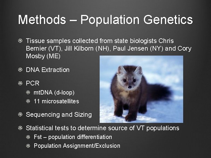 Methods – Population Genetics Tissue samples collected from state biologists Chris Bernier (VT), Jill