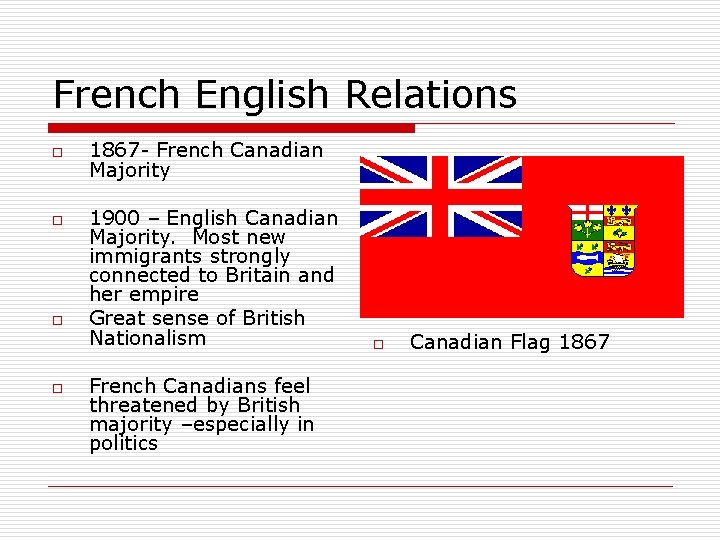 French English Relations o o 1867 - French Canadian Majority 1900 – English Canadian