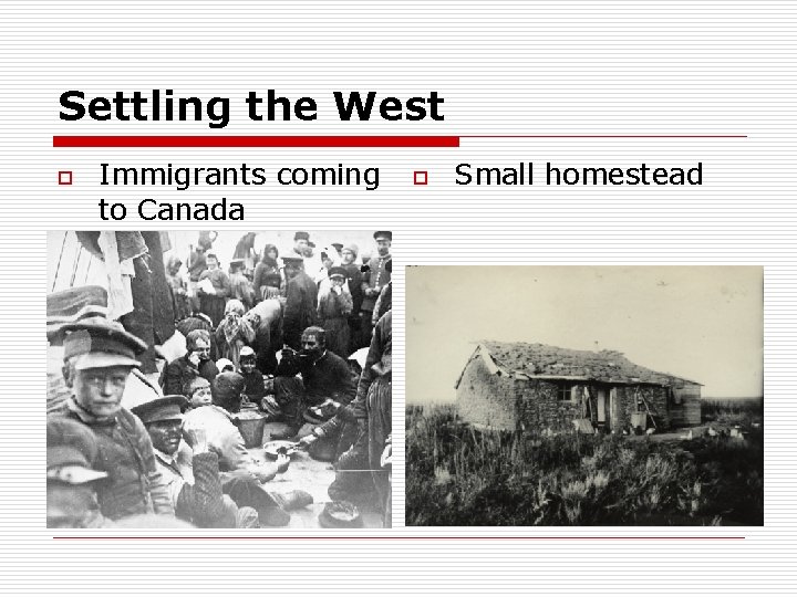 Settling the West o Immigrants coming to Canada o Small homestead 