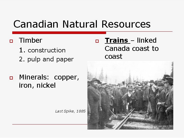 Canadian Natural Resources o Timber 1. construction 2. pulp and paper o Minerals: copper,