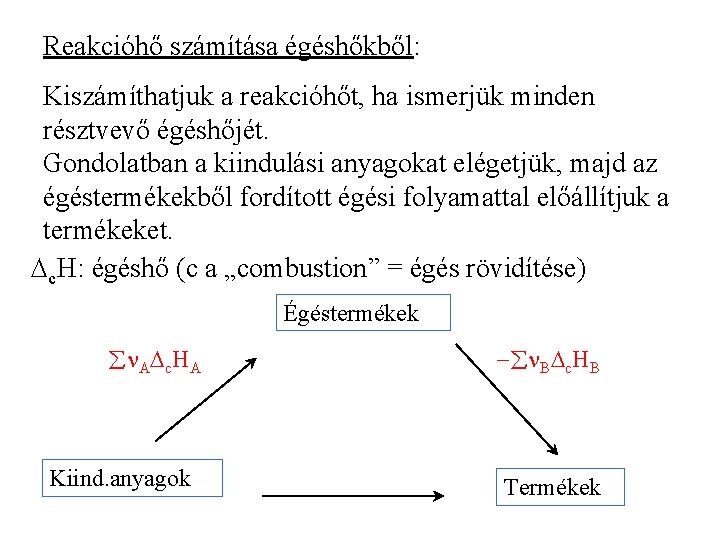 Reakcióhő számítása égéshőkből: Kiszámíthatjuk a reakcióhőt, ha ismerjük minden résztvevő égéshőjét. Gondolatban a kiindulási