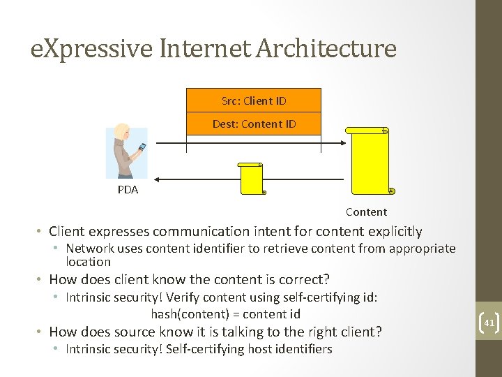 e. Xpressive Internet Architecture Src: Client ID Dest: Content ID PDA Content • Client