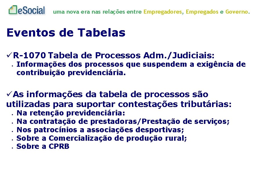 uma nova era nas relações entre Empregadores, Empregados e Governo. Eventos de Tabelas R-1070