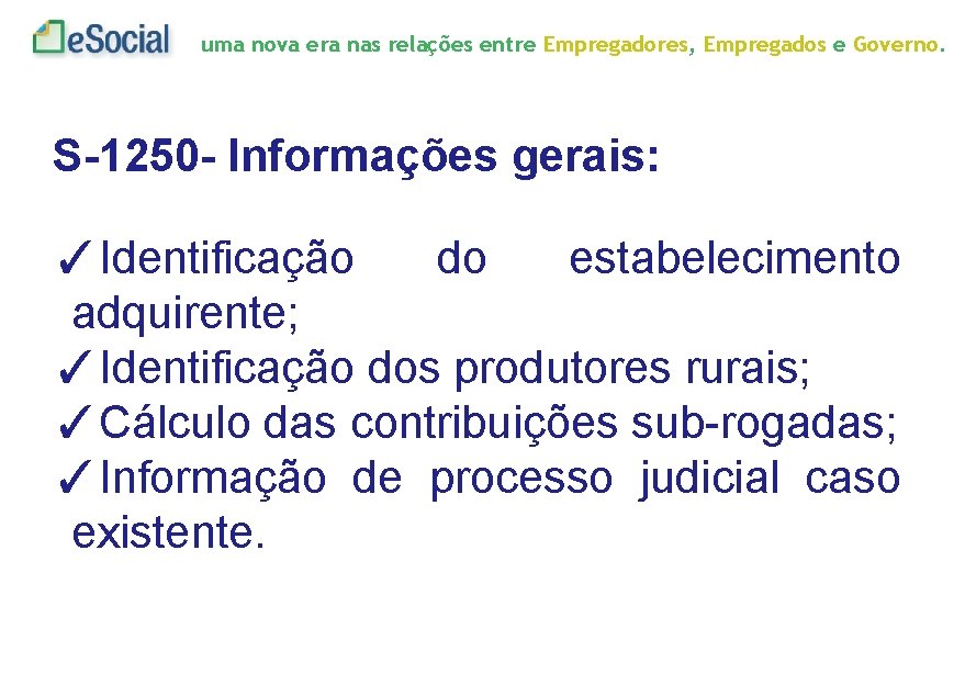 uma nova era nas relações entre Empregadores, Empregados e Governo. S-1250 - Informações gerais: