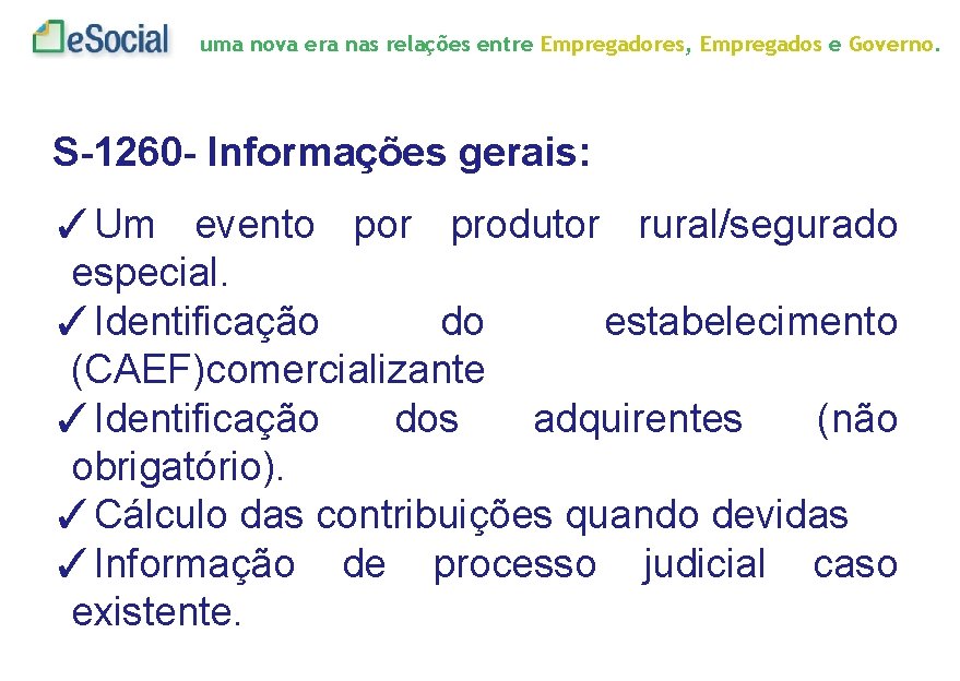 uma nova era nas relações entre Empregadores, Empregados e Governo. S-1260 - Informações gerais: