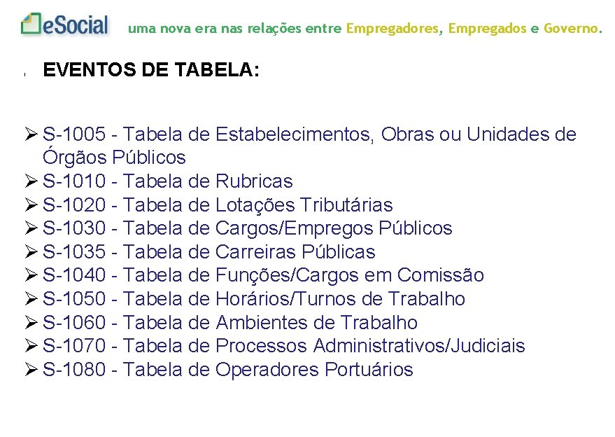 uma nova era nas relações entre Empregadores, Empregados e Governo. l EVENTOS DE TABELA: