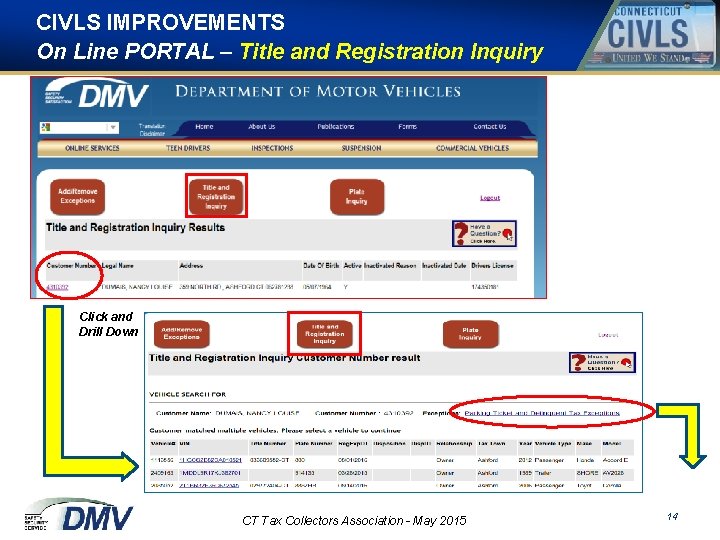 CIVLS IMPROVEMENTS On Line PORTAL – Title and Registration Inquiry Click and Drill Down
