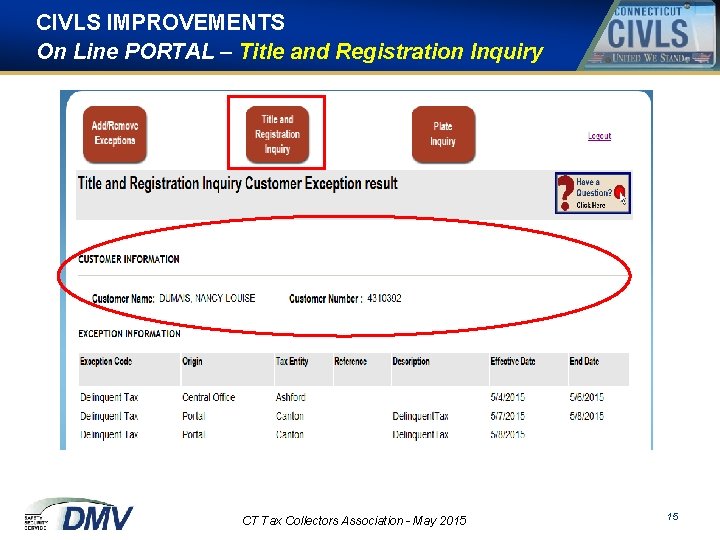 CIVLS IMPROVEMENTS On Line PORTAL – Title and Registration Inquiry CT Tax Collectors Association
