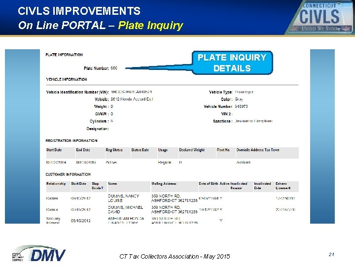 CIVLS IMPROVEMENTS On Line PORTAL – Plate Inquiry PLATE INQUIRY DETAILS CT Tax Collectors