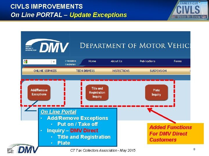 CIVLS IMPROVEMENTS On Line PORTAL – Update Exceptions On Line Portal • Add/Remove Exceptions