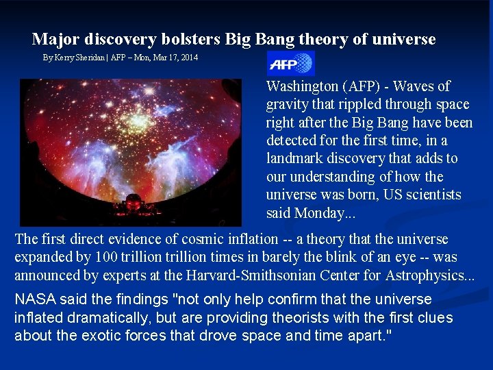 Major discovery bolsters Big Bang theory of universe By Kerry Sheridan | AFP –