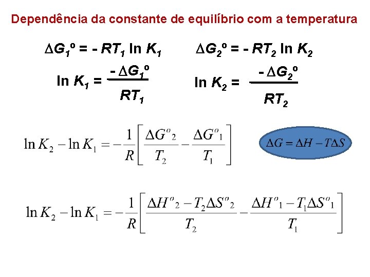 Dependência da constante de equilíbrio com a temperatura G 1º = - RT 1