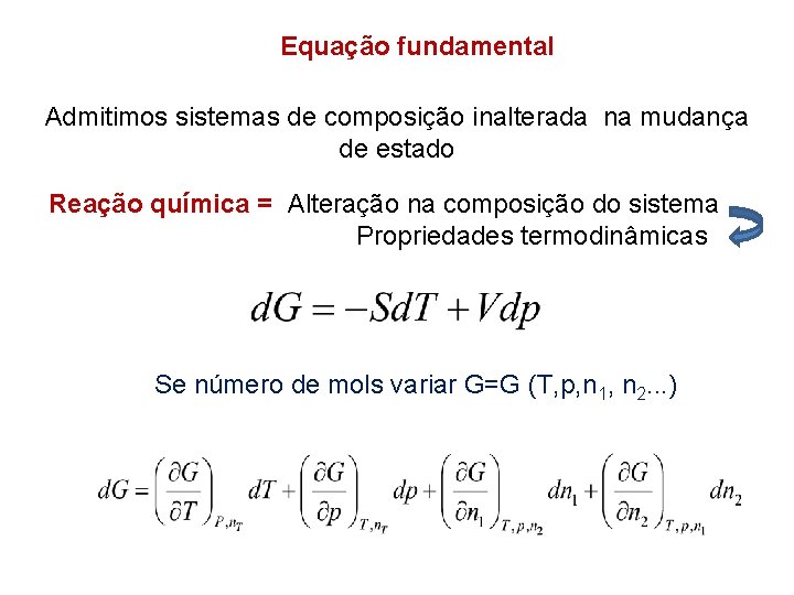 Equação fundamental Admitimos sistemas de composição inalterada na mudança de estado Reação química =