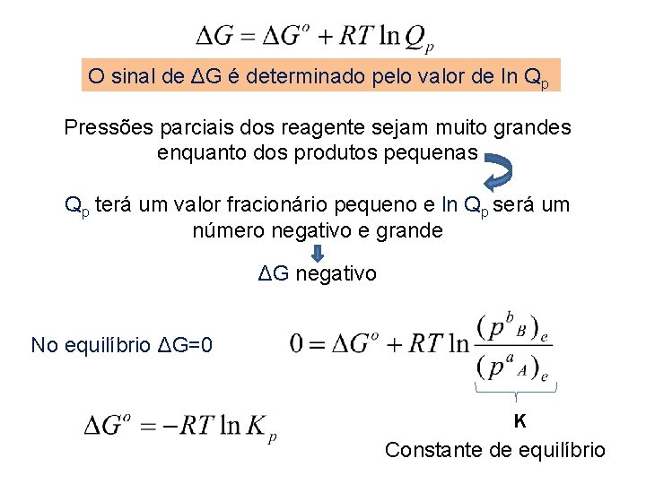 O sinal de ΔG é determinado pelo valor de ln Qp Pressões parciais dos