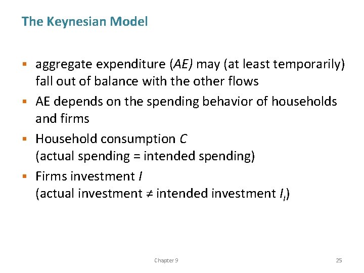 The Keynesian Model aggregate expenditure (AE) may (at least temporarily) fall out of balance