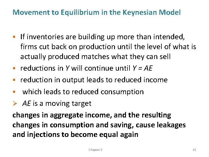 Movement to Equilibrium in the Keynesian Model If inventories are building up more than