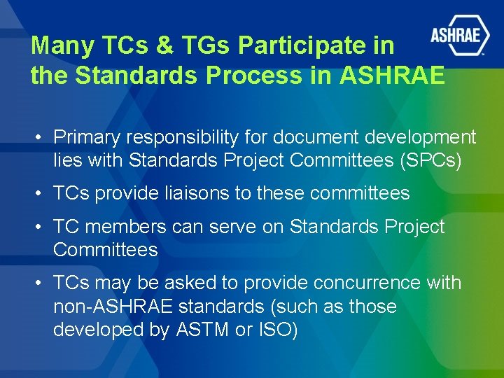 Many TCs & TGs Participate in the Standards Process in ASHRAE • Primary responsibility