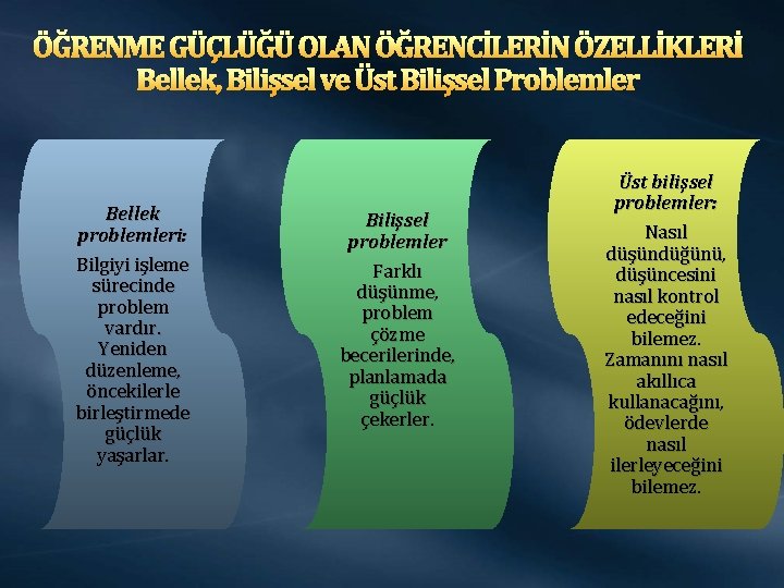 ÖĞRENME GÜÇLÜĞÜ OLAN ÖĞRENCİLERİN ÖZELLİKLERİ Bellek, Bilişsel ve Üst Bilişsel Problemler Bellek problemleri: Bilgiyi