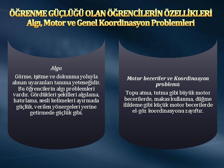 ÖĞRENME GÜÇLÜĞÜ OLAN ÖĞRENCİLERİN ÖZELLİKLERİ Algı, Motor ve Genel Koordinasyon Problemleri Algı: Görme, işitme