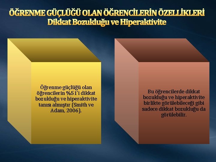 ÖĞRENME GÜÇLÜĞÜ OLAN ÖĞRENCİLERİN ÖZELLİKLERİ Dikkat Bozukluğu ve Hiperaktivite Öğrenme güçlüğü olan öğrencilerin %51’i