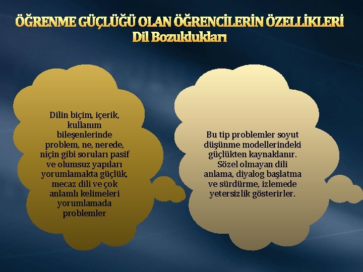 ÖĞRENME GÜÇLÜĞÜ OLAN ÖĞRENCİLERİN ÖZELLİKLERİ Dil Bozuklukları Dilin biçim, içerik, kullanım bileşenlerinde problem, nerede,