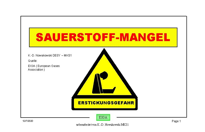 SAUERSTOFF-MANGEL K. -D. Nowakowski DESY – MKS 1 Quelle: EIGA ( European Gases Association