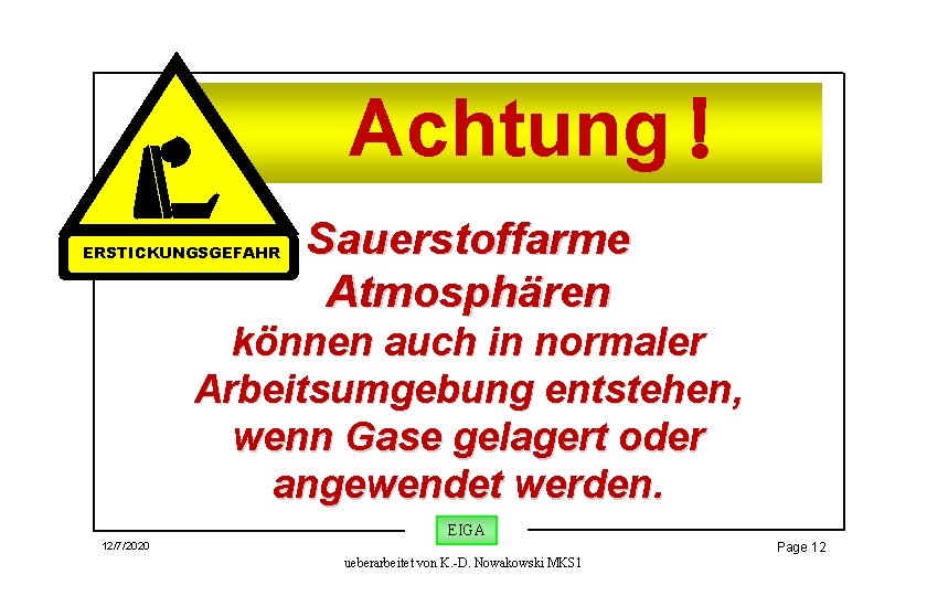 Achtung ! ERSTICKUNGSGEFAHR Sauerstoffarme Atmosphären können auch in normaler Arbeitsumgebung entstehen, wenn Gase gelagert