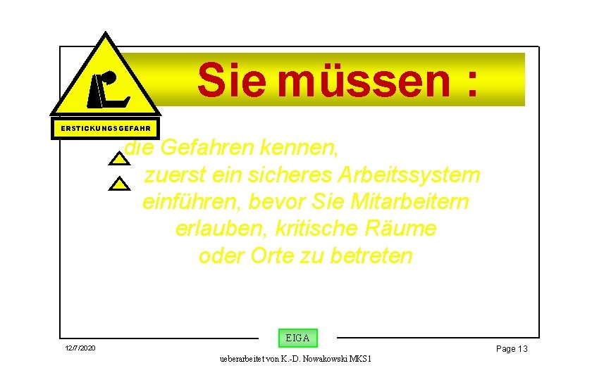 Sie müssen : ERSTICKUNGSGEFAHR die Gefahren kennen, zuerst ein sicheres Arbeitssystem einführen, bevor Sie