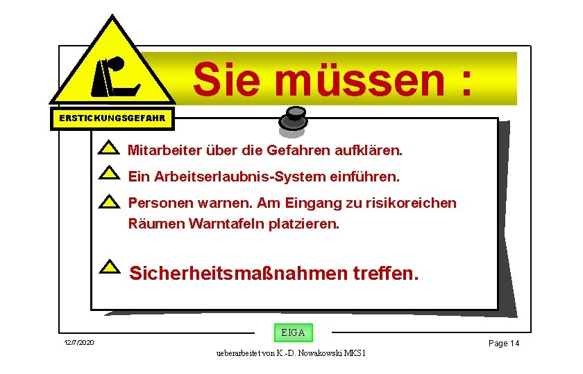 Sie müssen : ERSTICKUNGSGEFAHR Mitarbeiter über die Gefahren aufklären. Ein Arbeitserlaubnis-System einführen. Personen warnen.