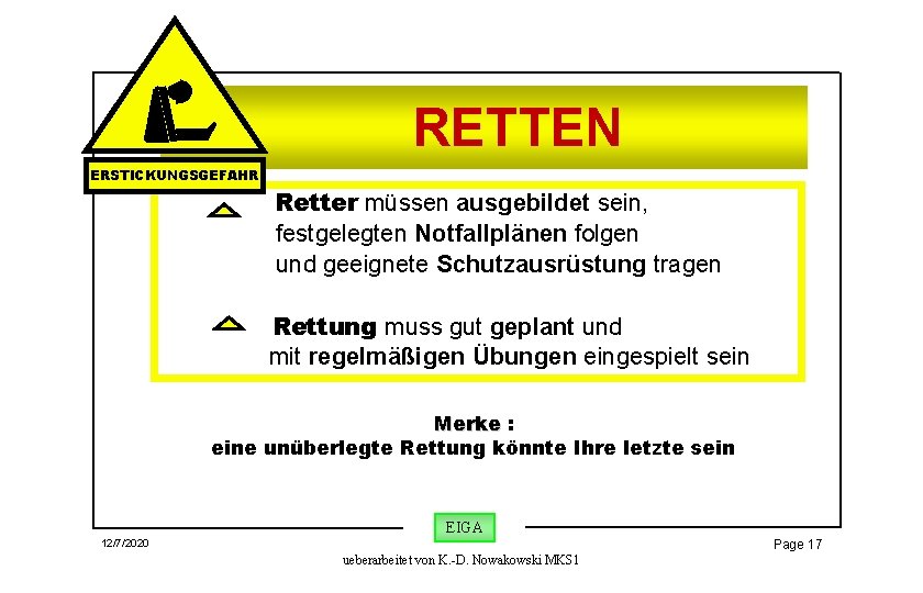 RETTEN ERSTICKUNGSGEFAHR Retter müssen ausgebildet sein, festgelegten Notfallplänen folgen und geeignete Schutzausrüstung tragen Rettung