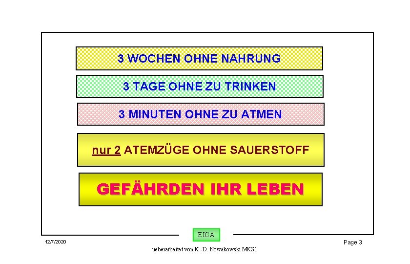 3 WOCHEN OHNE NAHRUNG 3 TAGE OHNE ZU TRINKEN 3 MINUTEN OHNE ZU ATMEN