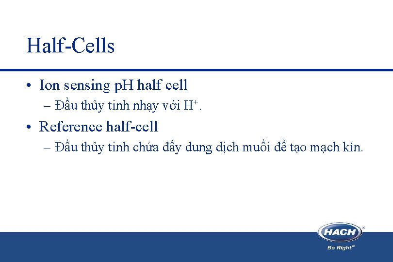 Half-Cells • Ion sensing p. H half cell – Đầu thủy tinh nhạy với Half-Cells • Ion sensing p. H half cell – Đầu thủy tinh nhạy với