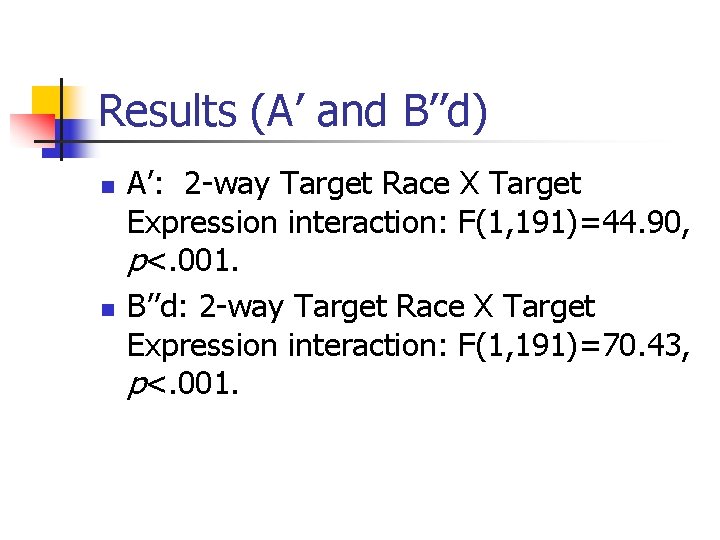 Results (A’ and B’’d) n n A’: 2 -way Target Race X Target Expression