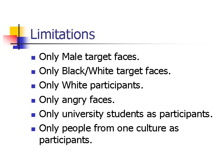 Limitations n n n Only Male target faces. Only Black/White target faces. Only White