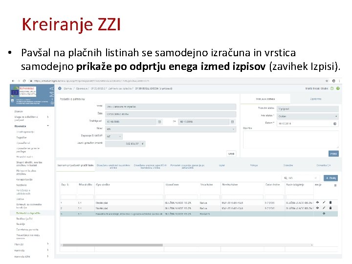 Kreiranje ZZI • Pavšal na plačnih listinah se samodejno izračuna in vrstica samodejno prikaže