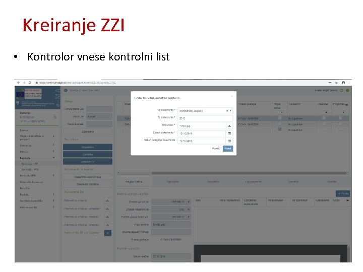 Kreiranje ZZI • Kontrolor vnese kontrolni list 